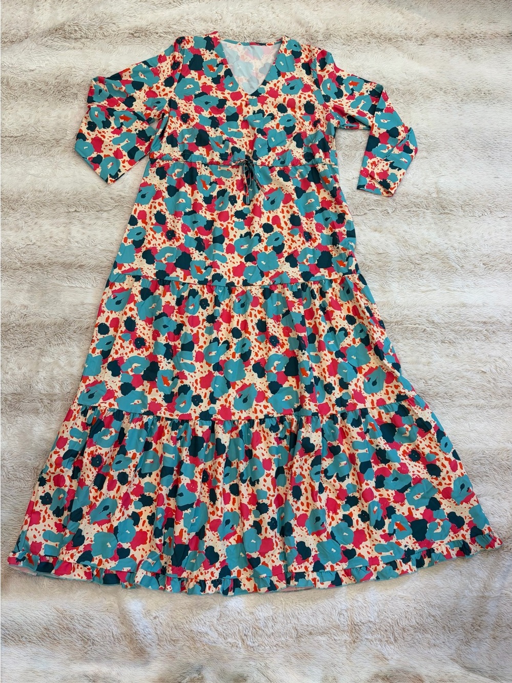 Teal Floral Maxi Dress with V-Neck and Tie Waist large long sleeve flowing